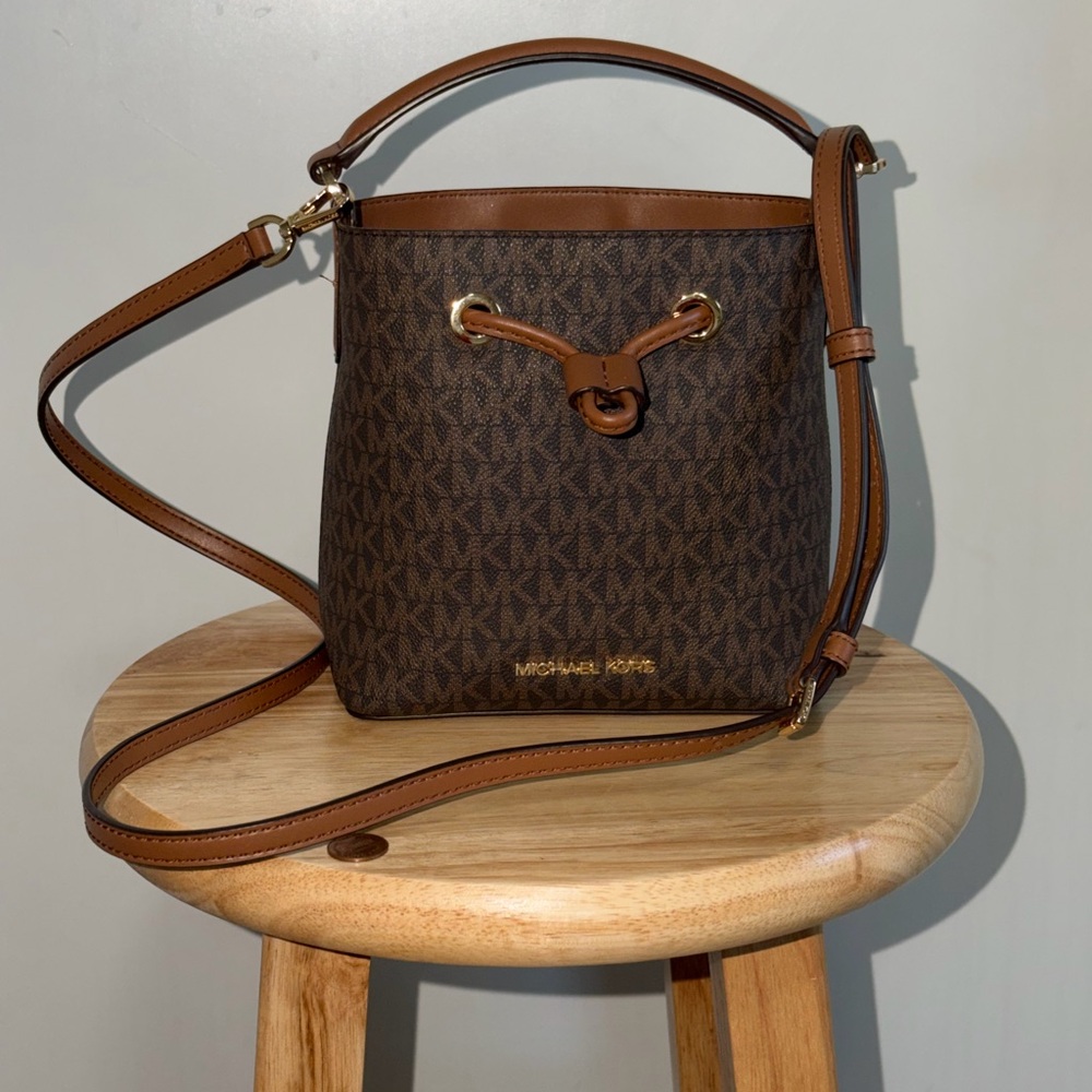 Michael Kors Brown Monogram Drawstring Crossbody Bag